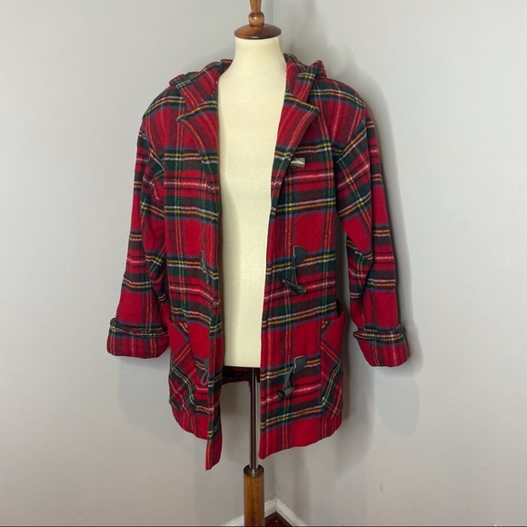 Vintage Eddie Bauer‎ Red Plaid Wool Coat w/ Toggles - Picture 4 of 5